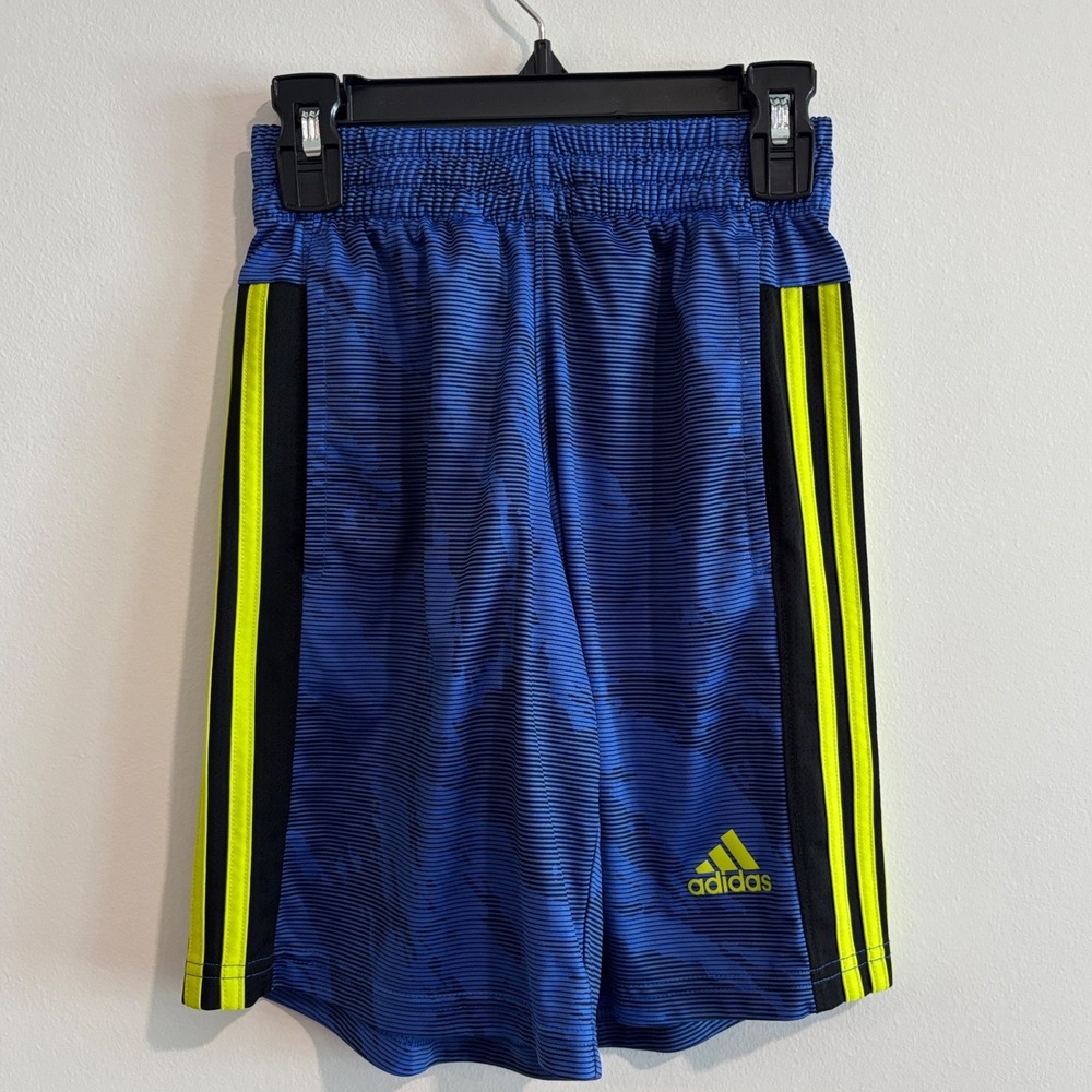 Adidas Camo Print Athletic Shorts Boys Size S (8) Blue Neon Yellow 3-Stripes